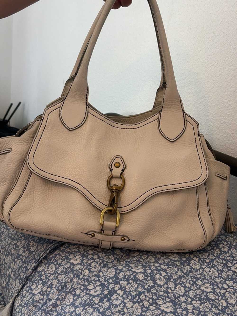 Cole Haan Beige Leather Shoulder Bag with Brass Hardware
